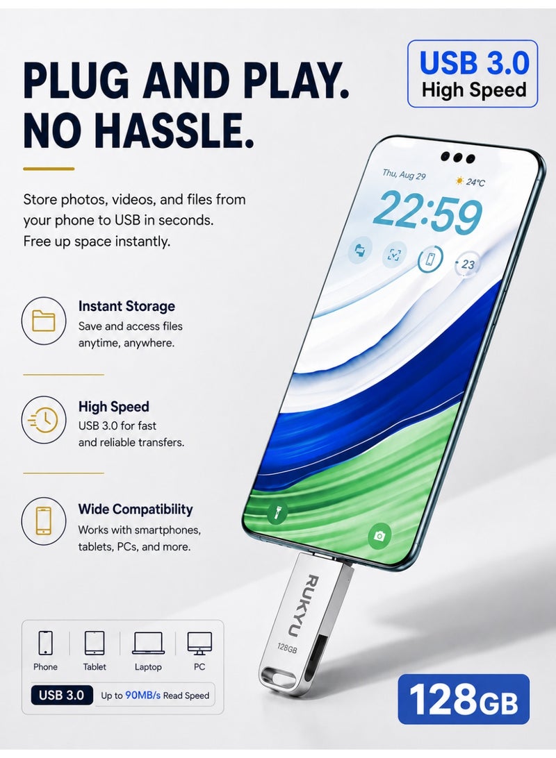 روكيو ذاكرة فلاش USB 3.0 بسعة 128 جيجابايت، مزودة بمنفذين مزدوجين (USB-A وType-C) وتقنية OTG، وتتميز بسرعة نقل بيانات تصل إلى 30 ميجابايت/ثانية؛ وحدة تخزين معدنية بتصميم دوار متوافقة مع هواتف أندرويد، والأجهزة اللوحية، وأجهزة الكمبيوتر المحمولة والمكتبية (PC وMac). - Image 4