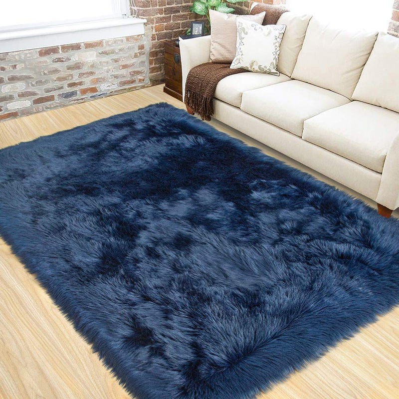 LOCHAS Soft Fluffy Faux Fur Rugs for Bedroom Bedside Rug 3x5 Feet Washable Furry Sheepskin Area Rug for Living Room Girls Room Luxury Shag Carpet Home Decor Light Navy