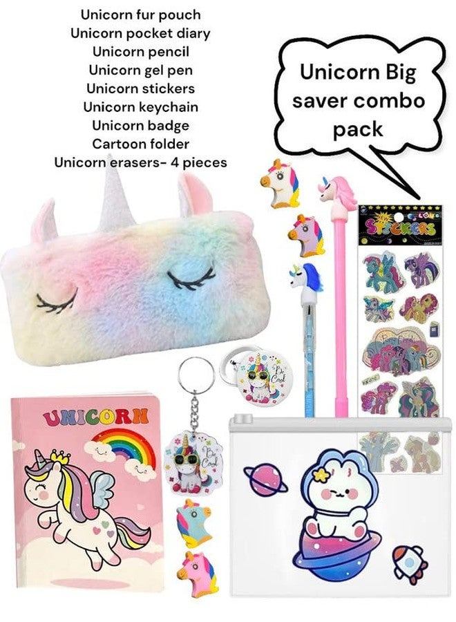 Le Delite Unicorn Big Super Saver Combo 9 In 1 Items Gift Set - Unicorn Diary, Clear Folder Pouch, Gel Pen - Pencil, 4 Pc Eraser Set, Keychain, Badge, Fur Pouch & Stickers - Image 2