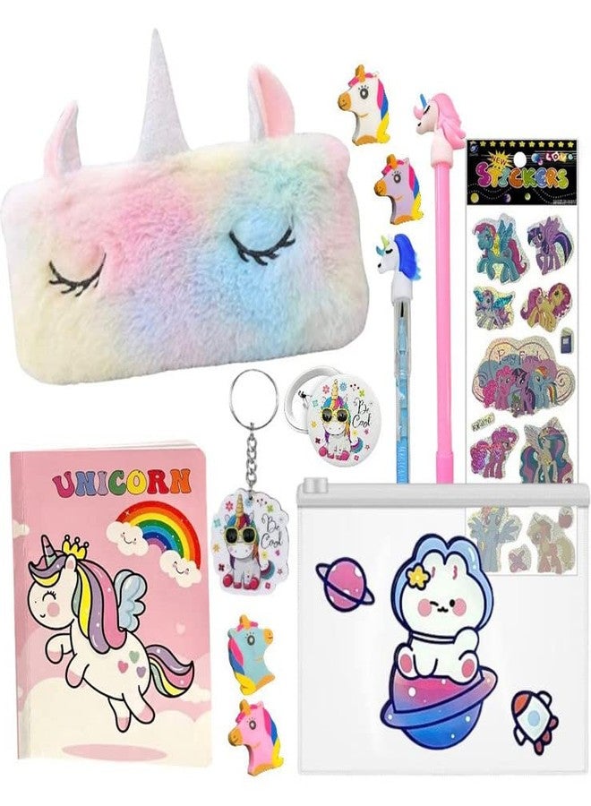 Le Delite Unicorn Big Super Saver Combo 9 In 1 Items Gift Set - Unicorn Diary, Clear Folder Pouch, Gel Pen - Pencil, 4 Pc Eraser Set, Keychain, Badge, Fur Pouch & Stickers - Image 1