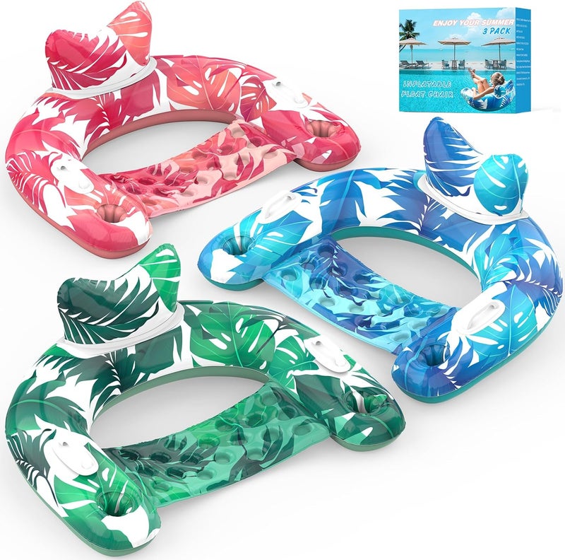 KEUCL Pool Floats, 3 Pack Inflatable Pool Float Chairs with Cupholders & Handles, Pool Floats Adult & Kids Perfect for Pool Lake & Rivers, Pool Toys Party, Relaxing Inflatable Chair for Swimming Pool - Image 1