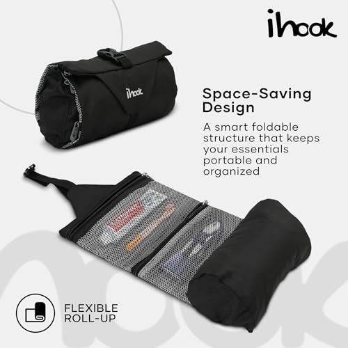 ihook Travel Toiletry Foldable Pouch/Bag with Hanging Hook for Men & Women– Compact Waterproof Organizer for Toiletries,Shaving Kit,Cosmetics,Travel Accessories,Essentials & Personal Care Items(Black) - Image 4