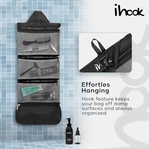 ihook Travel Toiletry Foldable Pouch/Bag with Hanging Hook for Men & Women– Compact Waterproof Organizer for Toiletries,Shaving Kit,Cosmetics,Travel Accessories,Essentials & Personal Care Items(Black) - Image 5