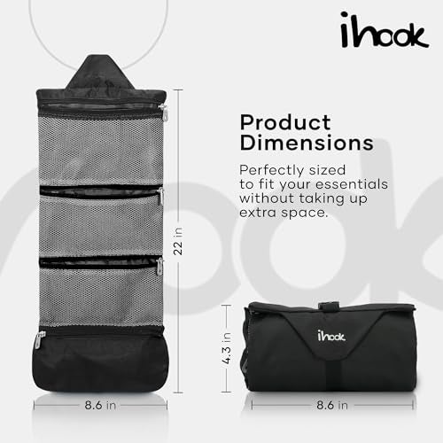 ihook Travel Toiletry Foldable Pouch/Bag with Hanging Hook for Men & Women– Compact Waterproof Organizer for Toiletries,Shaving Kit,Cosmetics,Travel Accessories,Essentials & Personal Care Items(Black) - Image 3