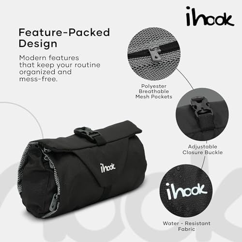 ihook Travel Toiletry Foldable Pouch/Bag with Hanging Hook for Men & Women– Compact Waterproof Organizer for Toiletries,Shaving Kit,Cosmetics,Travel Accessories,Essentials & Personal Care Items(Black) - Image 2