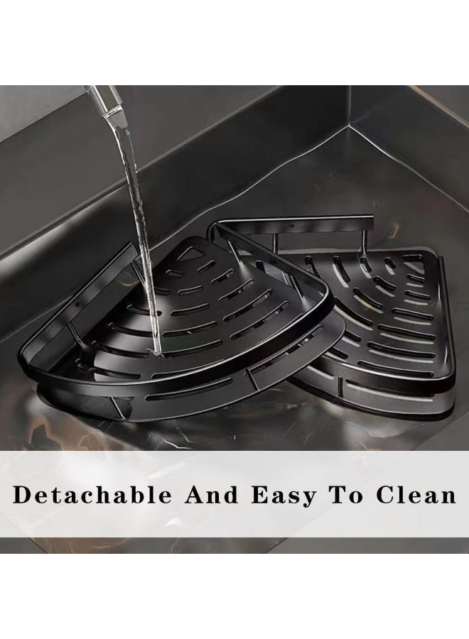 رف زاوية للحمام من الألمنيوم – مقاوم للصدأ وبدون حفر – منظم جداري مع لاصق – بتشطيب أسود أنيق، للحمام والمطبخ والإكسسوارات (3 قطع، أسود) - Image 3