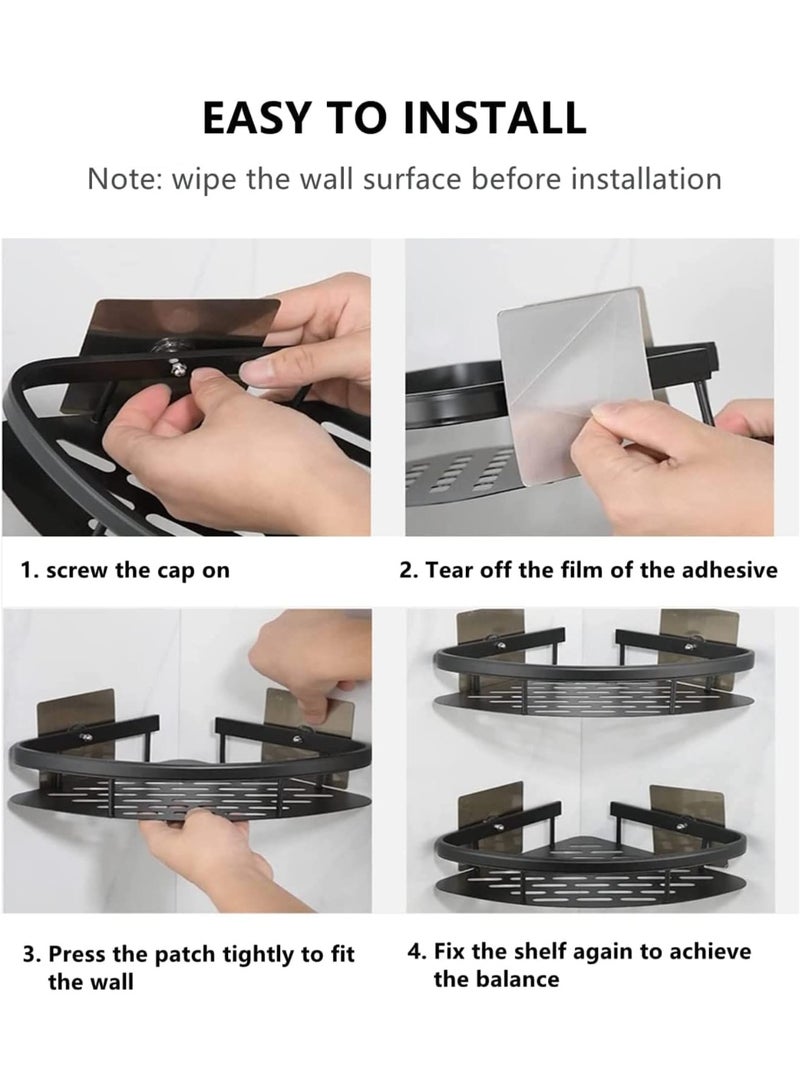 رف زاوية للحمام من الألمنيوم – مقاوم للصدأ وبدون حفر – منظم جداري مع لاصق – بتشطيب أسود أنيق، للحمام والمطبخ والإكسسوارات (3 قطع، أسود) - Image 4