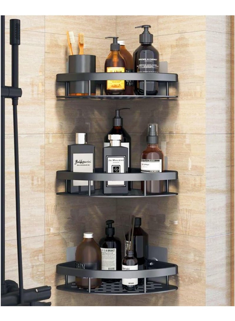 رف زاوية للحمام من الألمنيوم – مقاوم للصدأ وبدون حفر – منظم جداري مع لاصق – بتشطيب أسود أنيق، للحمام والمطبخ والإكسسوارات (3 قطع، أسود) - Image 1