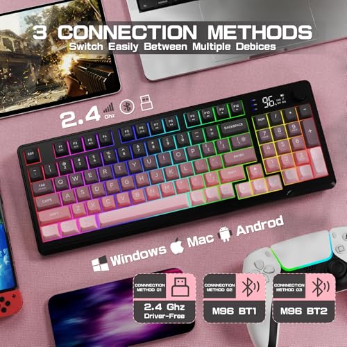 LexonElec M96 Wireless Keyboard, Low Profile Quiet Typing Membrane Gaming Keyboard with Smart Display & Knob, RGB Backlit, USB C Rechargeable, 94 Keys PBT Keycap for Windows PC, Mac, Linux-BlackBerry - Image 3
