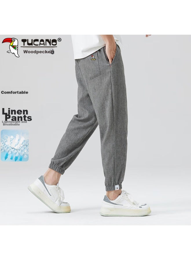 Tucano Tucano Men's Pants, Spring And Summer Casual Trousers, Cotton And Linen, Loose Fit, Drawstring Ankle Pants, Dark Gray, Xl