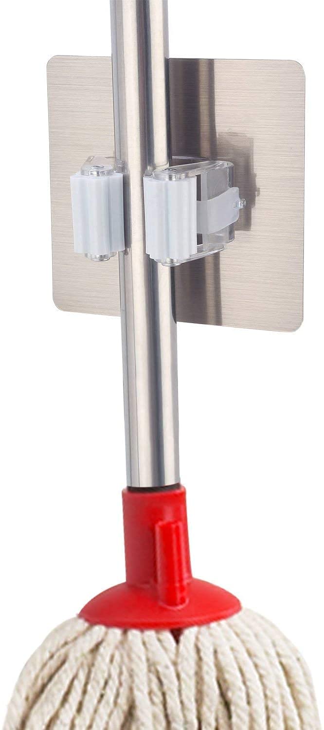 AMULAKH AMULAKH 1Pcs Self Adhesive Strong Mop and Broom Holder Multifunction Wall Mounted Magic Sticker Single Dual Hook Brush Hanger for Home Kitchen Wardrobe Bathroom Storage Rack - Image 1