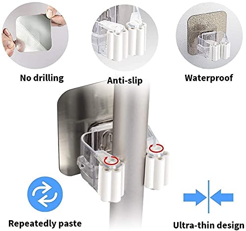 AMULAKH AMULAKH 1Pcs Self Adhesive Strong Mop and Broom Holder Multifunction Wall Mounted Magic Sticker Single Dual Hook Brush Hanger for Home Kitchen Wardrobe Bathroom Storage Rack - Image 2