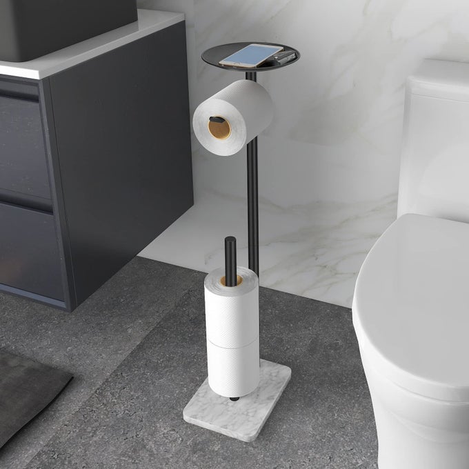 TOILET PAPER HOLDER STAND FOR BATHROOM FLOOR STANDING TOILET ROLL DISPENSER STORAGES 4 RESERVE ROLLS WITH TOP STORAGE SHELF FOR CELL PHONES WIPE WALLET AND MOREMARBLE BLACK