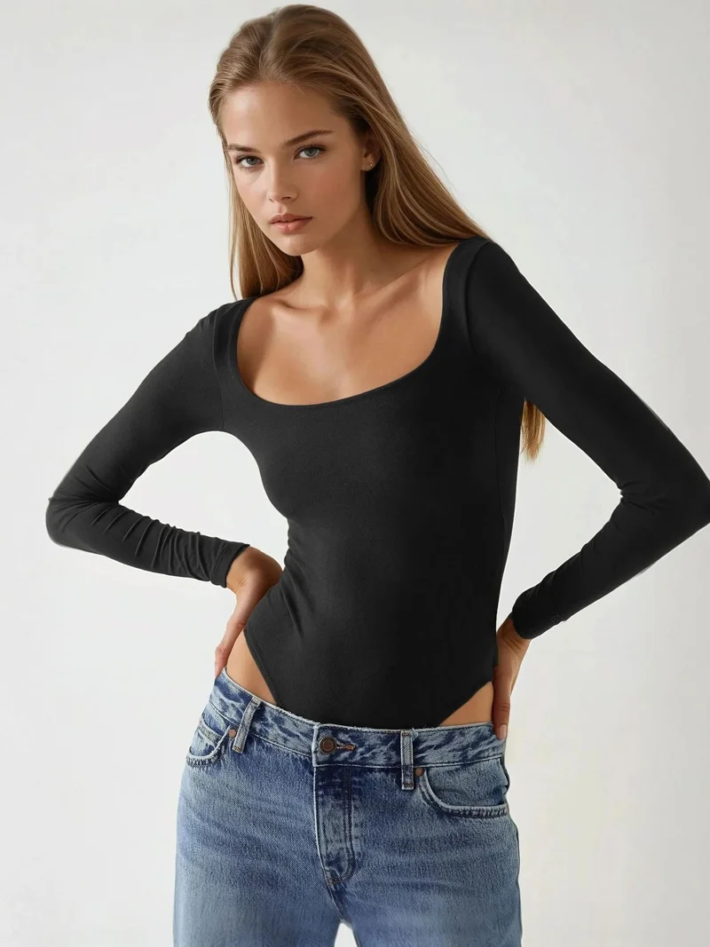HICCUP Slim Fit U Collar Long Sleeve Bodysuit