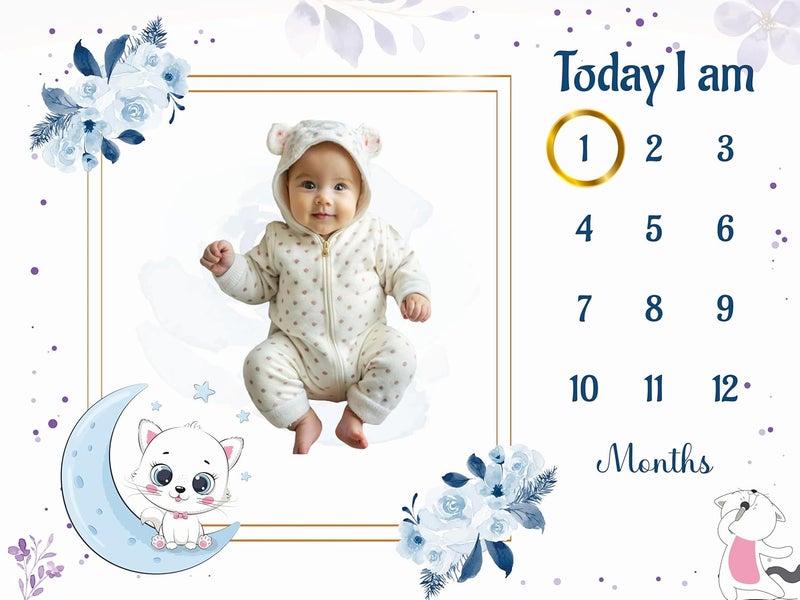 Hoolloomooloo Baby Monthly Milestone Blanket 112 Months Soft AllSeason AC Blanket Ideal for Newborn Boys Girls Perfect Growth Tracker Photoshoot Prop with Moonlight Cat 120x90 cm - Image 2
