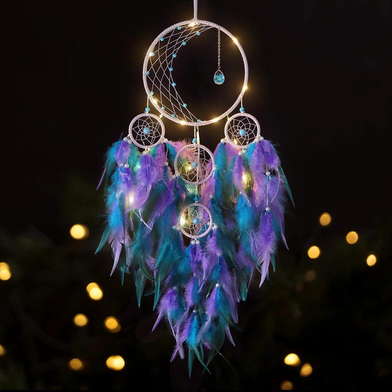 KHOYIME LED Light Up Dream Catcher Half Circle Moon Decor with Lights Handmade Feather Dreamcatchers for Bedroom Bohemian Home Decor Wedding Ornament Craft Gift (Purple&Blue) - Image 1