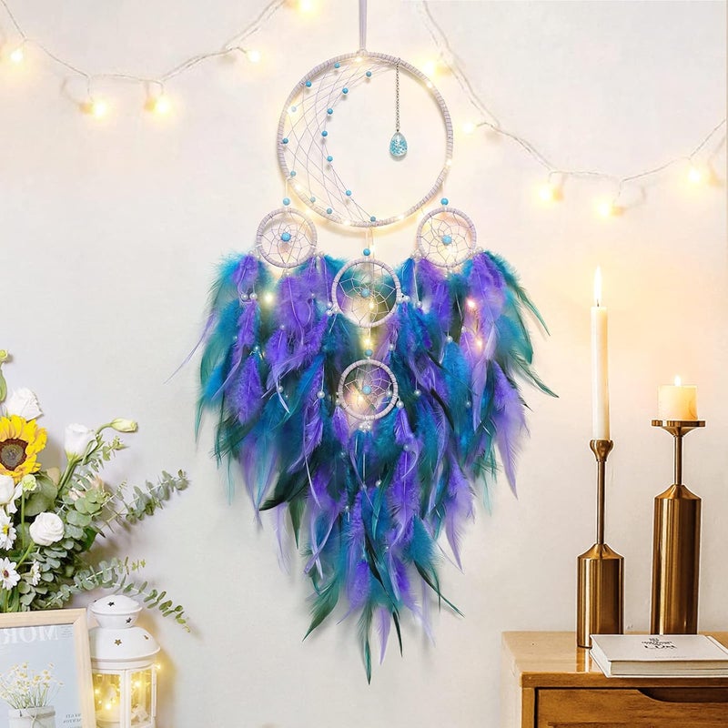 KHOYIME LED Light Up Dream Catcher Half Circle Moon Decor with Lights Handmade Feather Dreamcatchers for Bedroom Bohemian Home Decor Wedding Ornament Craft Gift (Purple&Blue) - Image 2