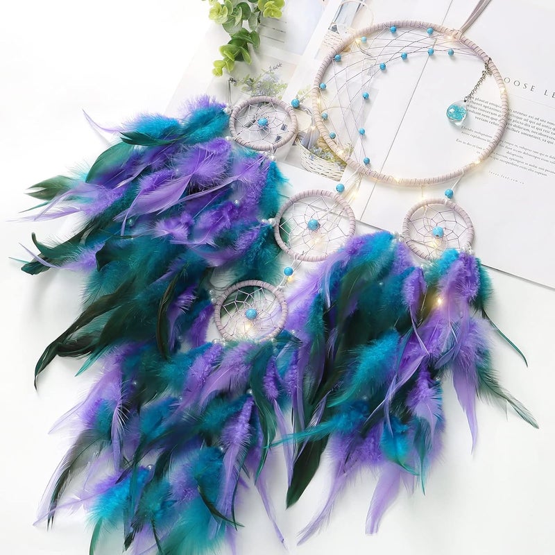 KHOYIME LED Light Up Dream Catcher Half Circle Moon Decor with Lights Handmade Feather Dreamcatchers for Bedroom Bohemian Home Decor Wedding Ornament Craft Gift (Purple&Blue) - Image 4