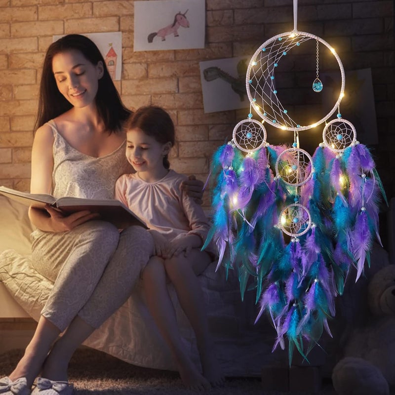 KHOYIME LED Light Up Dream Catcher Half Circle Moon Decor with Lights Handmade Feather Dreamcatchers for Bedroom Bohemian Home Decor Wedding Ornament Craft Gift (Purple&Blue) - Image 3
