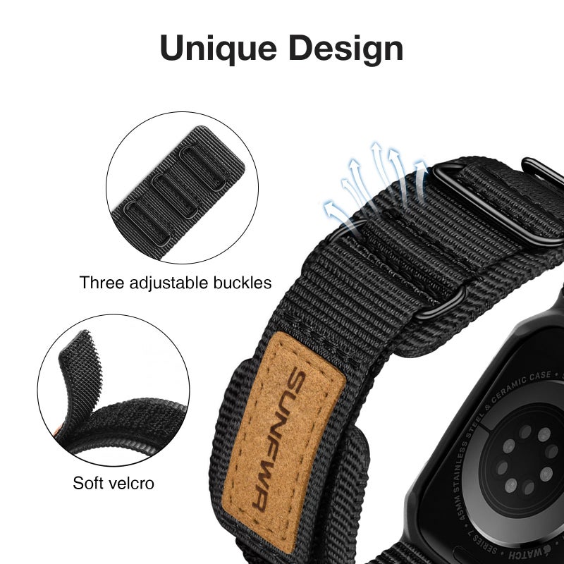 SUNFWR Bands Compatible with Apple Watch 44mm 45mm with Case,Rugged Velcro Sport Apple Watch Strap with Protective Cover for iwatch Series 9/8/7/6/5/4/SE for Men(Black) - Image 3