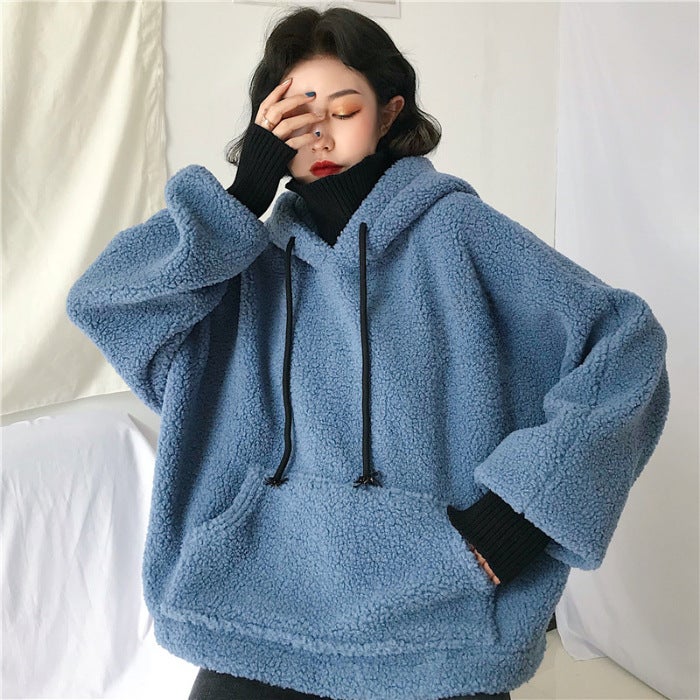 2022 Autumn Winter Hoodie Faux Lamb Wool Embroidered Letter Casual Womens Sweatshirt Apricot - Image 4
