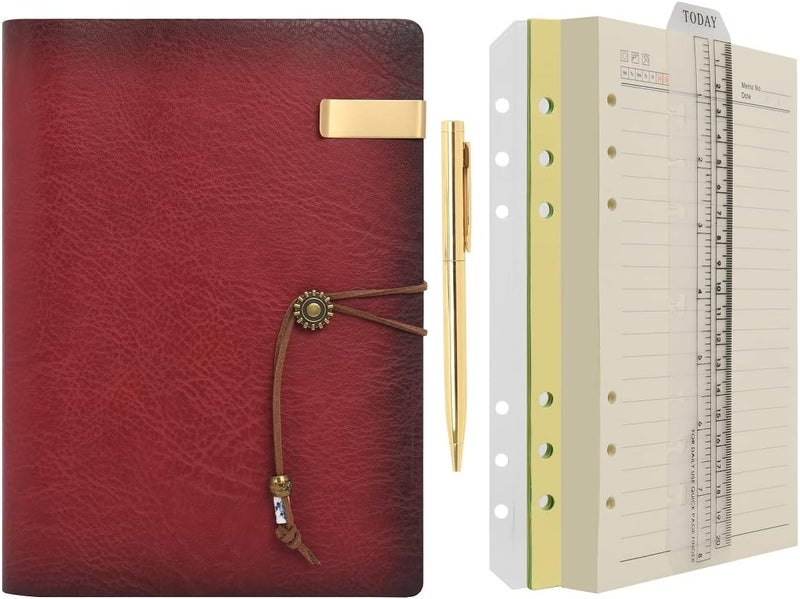 WONDERPOOL A5 Leather Diary Lined Paper Notebook & Pen - Refillable 6 Ring Binder Writing Spiral Journal for Office Travel Work and Plan Agenda(a-Wine red, A5) - Image 1