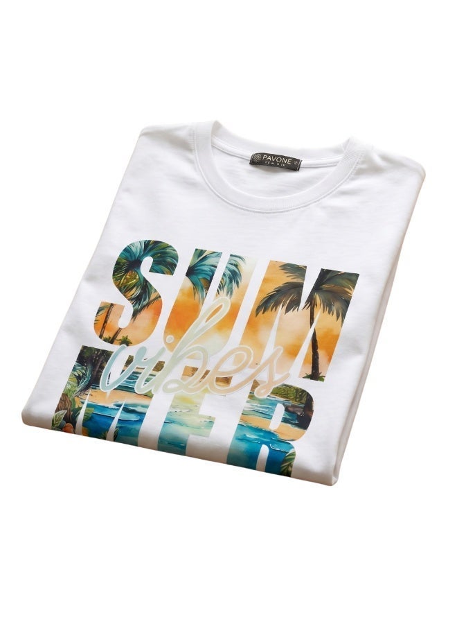 بافون تيشيرت PAVONE قطن 100% رجالي - تيشيرت صيفي مطبوع "Summer Vibes" بلمسة عصرية، أبيض كاجوال - Image 2