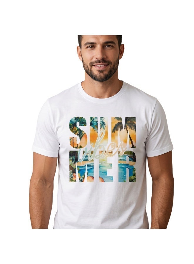 بافون تيشيرت PAVONE قطن 100% رجالي - تيشيرت صيفي مطبوع "Summer Vibes" بلمسة عصرية، أبيض كاجوال - Image 1