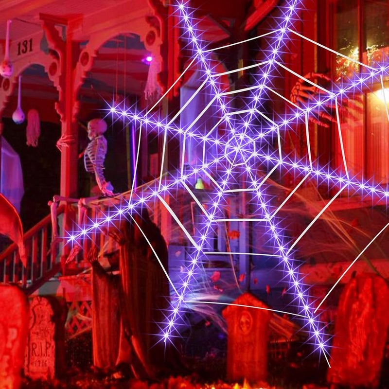 كلاراكو أضواء شبكة العنكبوت في الهالوين، ديكورات شبكة العنكبوت المضيئة في الهالوين، أضواء شبكة العنكبوت المقاومة للماء LED بطول 12 قدمًا، للمنزل والنوافذ والفناء والحديقة الداخلية والخارجية (أرجواني) - Image 2