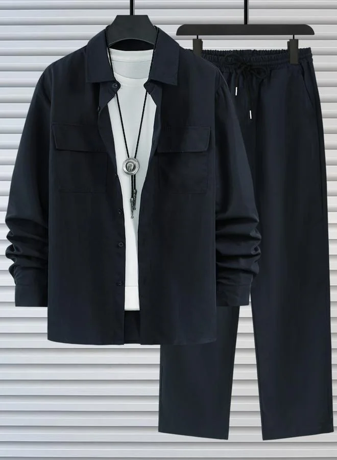 Take Two Men Dark Blue Casual Shirt and Drawstring Pants Co-ords