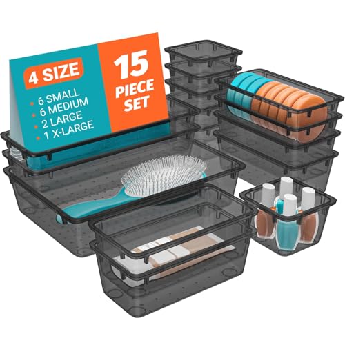 SpaceHacks 15 PCS Clear Plastic Drawer Organizer Set 4Size Acrylic Drawer Storage Trays Storage Bins for Makeup Gadgets and Jewelry in Bathroom Bedroom and Office Clear Black - Image 1