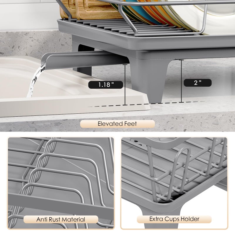 Urackify Dish Drying Rack for Kitchen Counter, Sink Dish Rack with Drainboard, Large Dish Drainer with Cups Holder, Home Countertop Plate Dryer Storage Rack with Cutlery Holder, Gray - Image 5