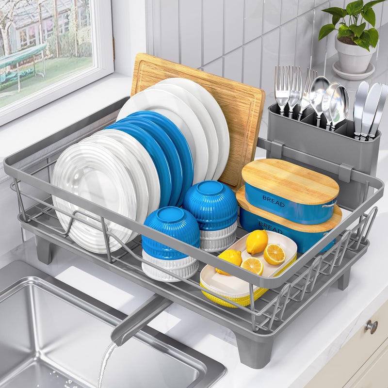 Urackify Dish Drying Rack for Kitchen Counter, Sink Dish Rack with Drainboard, Large Dish Drainer with Cups Holder, Home Countertop Plate Dryer Storage Rack with Cutlery Holder, Gray - Image 1