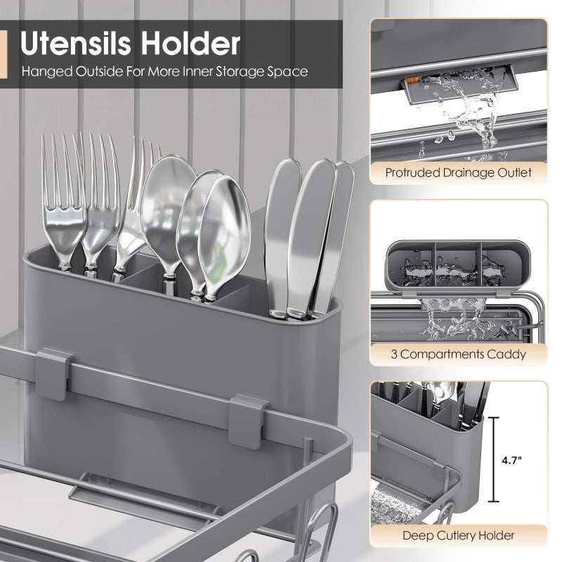Urackify Dish Drying Rack for Kitchen Counter, Sink Dish Rack with Drainboard, Large Dish Drainer with Cups Holder, Home Countertop Plate Dryer Storage Rack with Cutlery Holder, Gray - Image 4