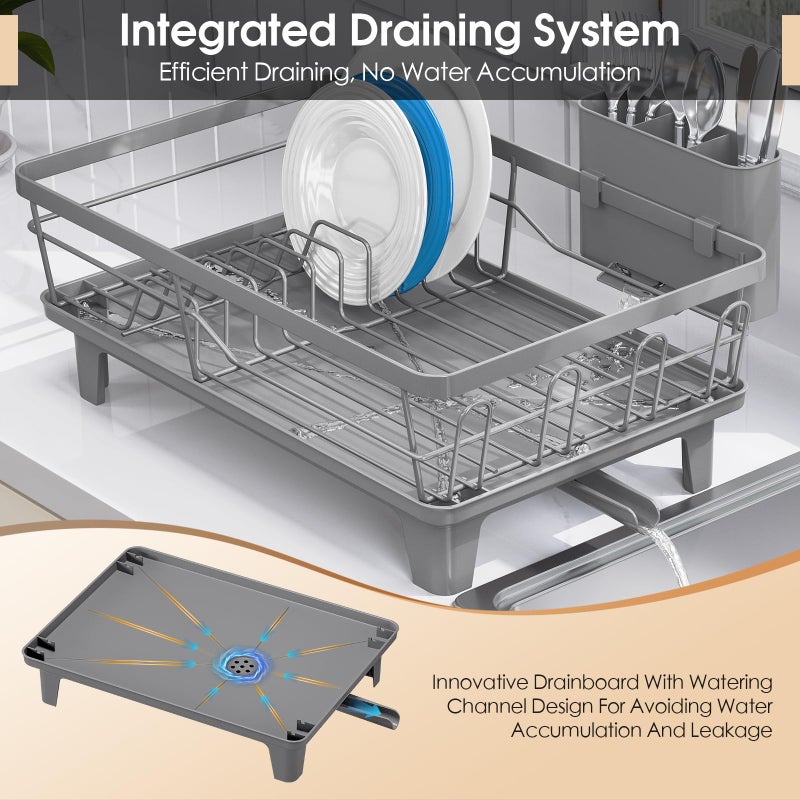 Urackify Dish Drying Rack for Kitchen Counter, Sink Dish Rack with Drainboard, Large Dish Drainer with Cups Holder, Home Countertop Plate Dryer Storage Rack with Cutlery Holder, Gray - Image 3