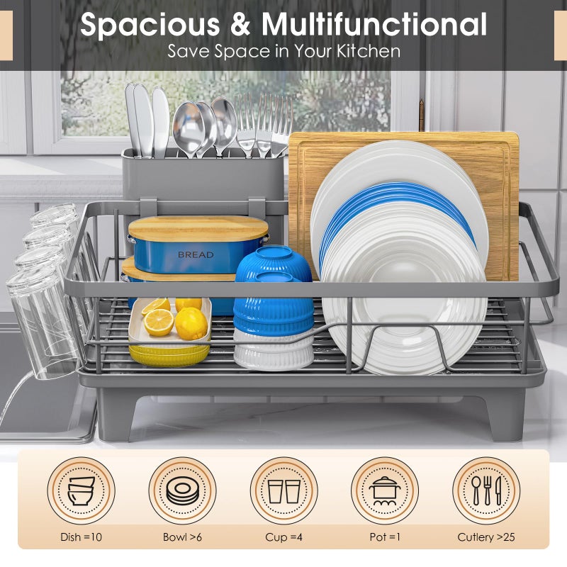 Urackify Dish Drying Rack for Kitchen Counter, Sink Dish Rack with Drainboard, Large Dish Drainer with Cups Holder, Home Countertop Plate Dryer Storage Rack with Cutlery Holder, Gray - Image 2