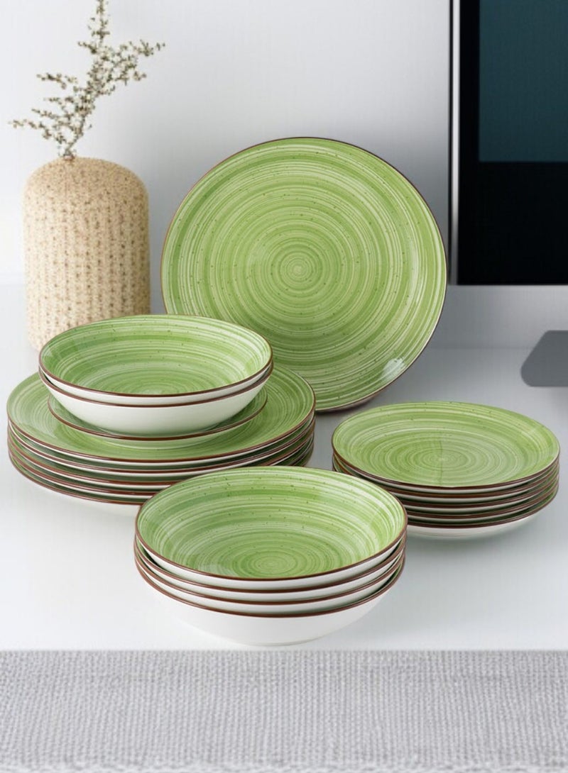 ايست من نون طقم سفرة من البورسلين مكون من 18 قطعة، يكفي 6 أشخاص، آمن للاستخدام في الميكروويف وغسالة الصحون، بتصميم لولبي باللون الأخضر. - Image 1