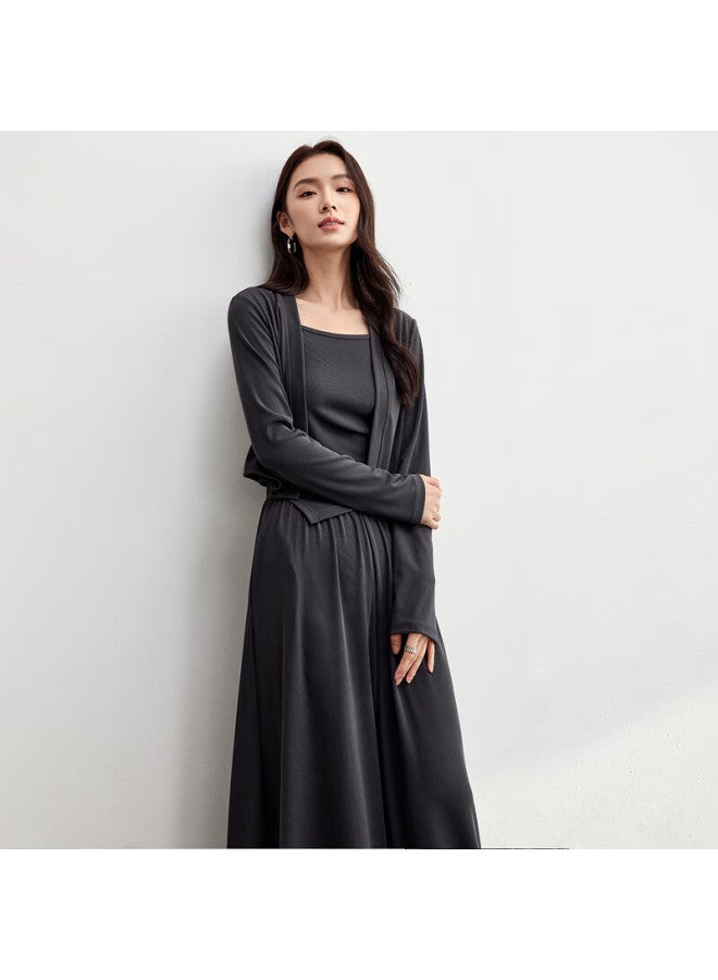Shangdu Bila Women's Casual Set Autumn Winter Camisole Vest Long Sleeve Cardigan High Waist Wide Leg Pants Three-piece Set Dark Gray L