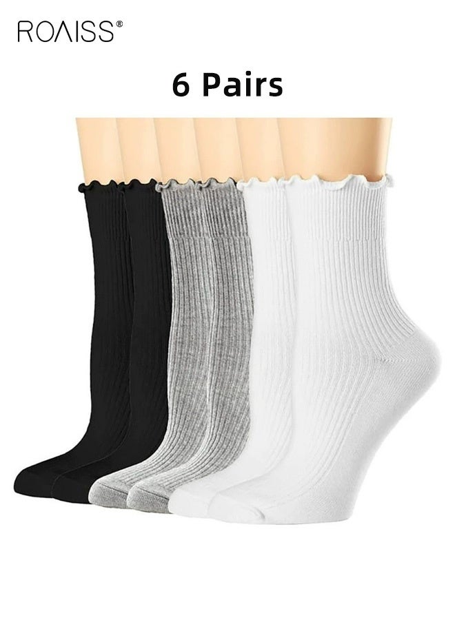 roaiss 6 Pairs Women's Mid-Calf Socks, Ruffled Hem Polyester-Cotton Blend Socks, Summer Lightweight Lolita Style Socks, for Pairing with Mary Jane Shoes, Mixed Color - Image 1