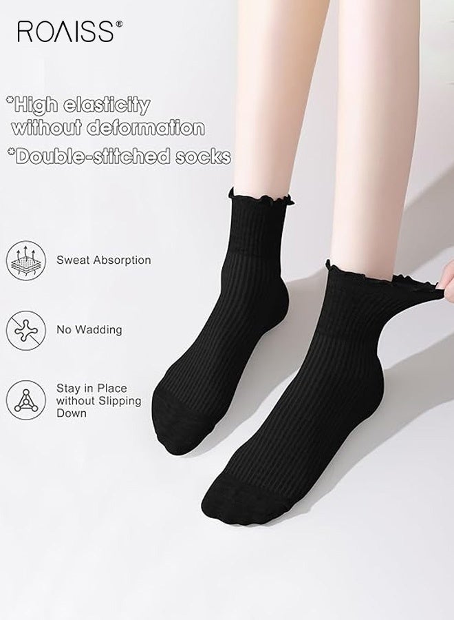 roaiss 6 Pairs Women's Mid-Calf Socks, Ruffled Hem Polyester-Cotton Blend Socks, Summer Lightweight Lolita Style Socks, for Pairing with Mary Jane Shoes, Mixed Color - Image 4