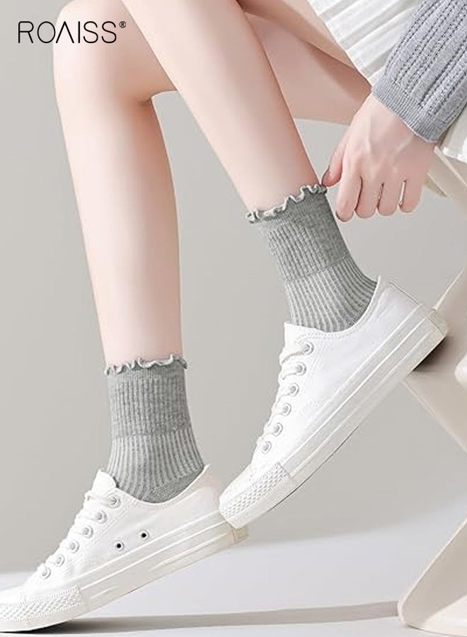 roaiss 6 Pairs Women's Mid-Calf Socks, Ruffled Hem Polyester-Cotton Blend Socks, Summer Lightweight Lolita Style Socks, for Pairing with Mary Jane Shoes, Mixed Color - Image 2