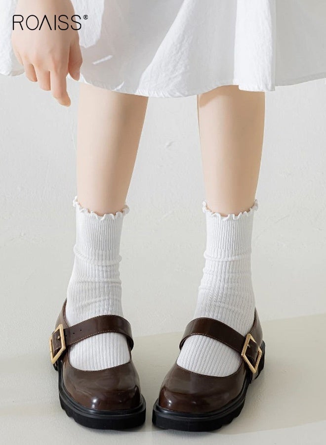 roaiss 6 Pairs Women's Mid-Calf Socks, Ruffled Hem Polyester-Cotton Blend Socks, Summer Lightweight Lolita Style Socks, for Pairing with Mary Jane Shoes, Mixed Color - Image 3