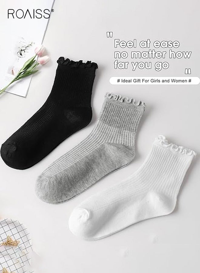 roaiss 6 Pairs Women's Mid-Calf Socks, Ruffled Hem Polyester-Cotton Blend Socks, Summer Lightweight Lolita Style Socks, for Pairing with Mary Jane Shoes, Mixed Color - Image 5