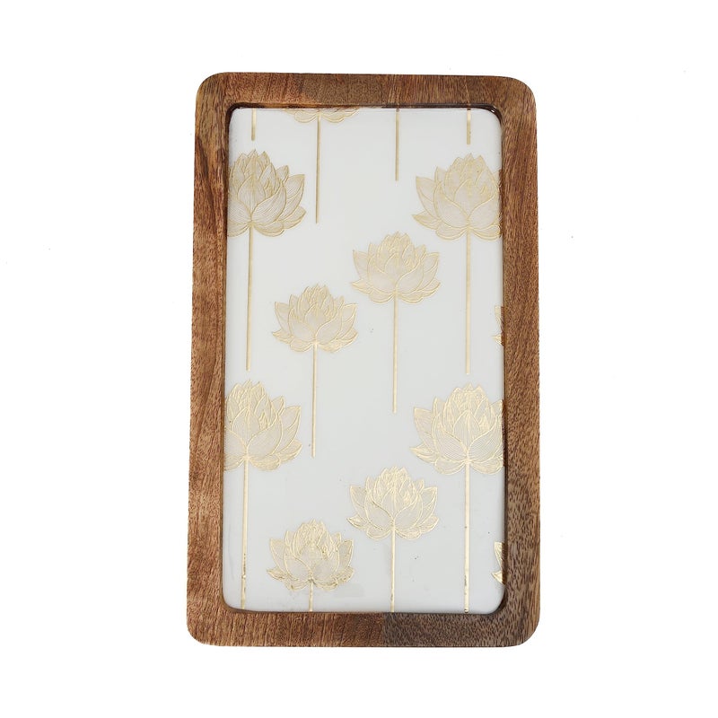 DULI Enamel Coated Square (10x6inches) Serving Platter in Mangowood |Snacks Platter for Home & Dining Table | Serving Tray Rectangle Tray (PlatterRct- WhiteLotusFullEnamel) - Image 5