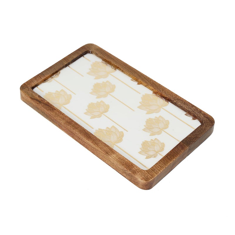 DULI Enamel Coated Square (10x6inches) Serving Platter in Mangowood |Snacks Platter for Home & Dining Table | Serving Tray Rectangle Tray (PlatterRct- WhiteLotusFullEnamel) - Image 2