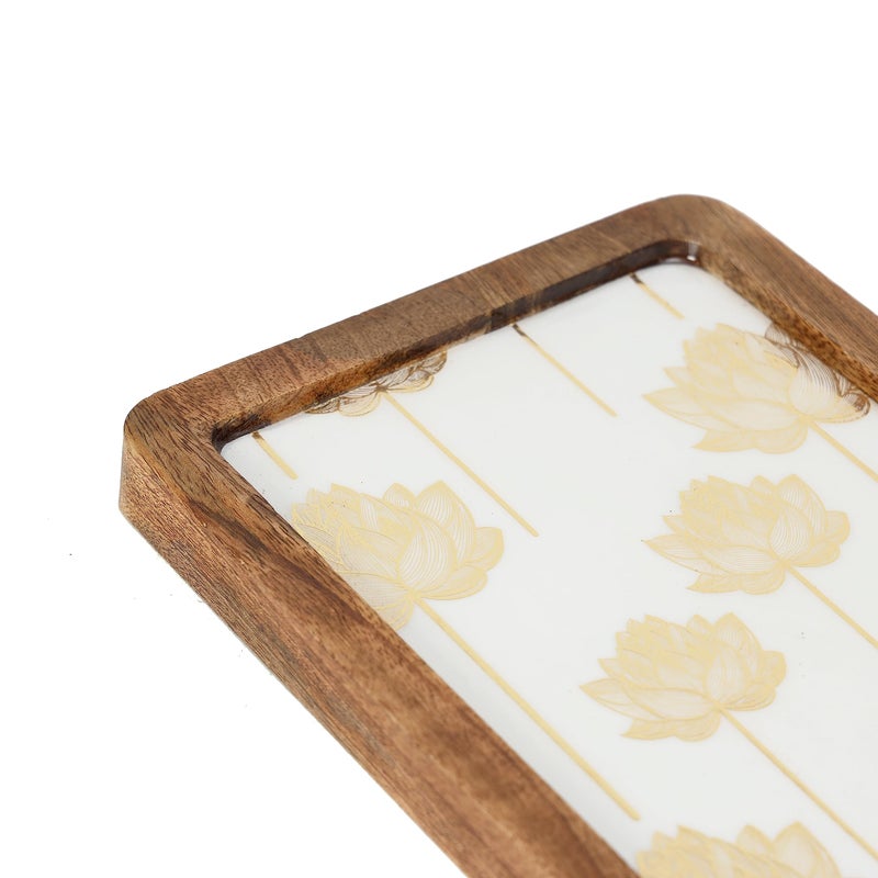 DULI Enamel Coated Square (10x6inches) Serving Platter in Mangowood |Snacks Platter for Home & Dining Table | Serving Tray Rectangle Tray (PlatterRct- WhiteLotusFullEnamel) - Image 4