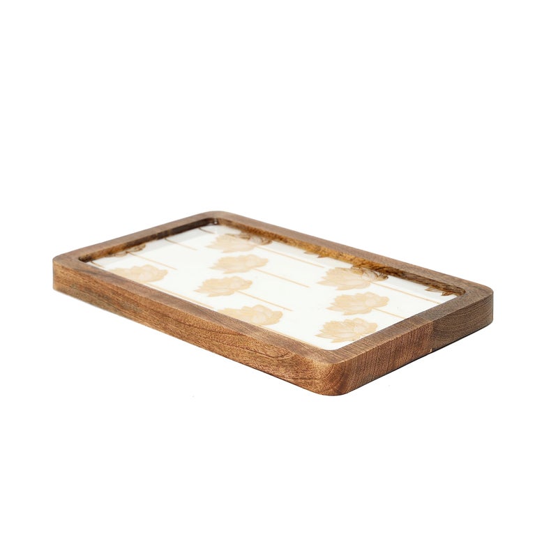 DULI Enamel Coated Square (10x6inches) Serving Platter in Mangowood |Snacks Platter for Home & Dining Table | Serving Tray Rectangle Tray (PlatterRct- WhiteLotusFullEnamel) - Image 3