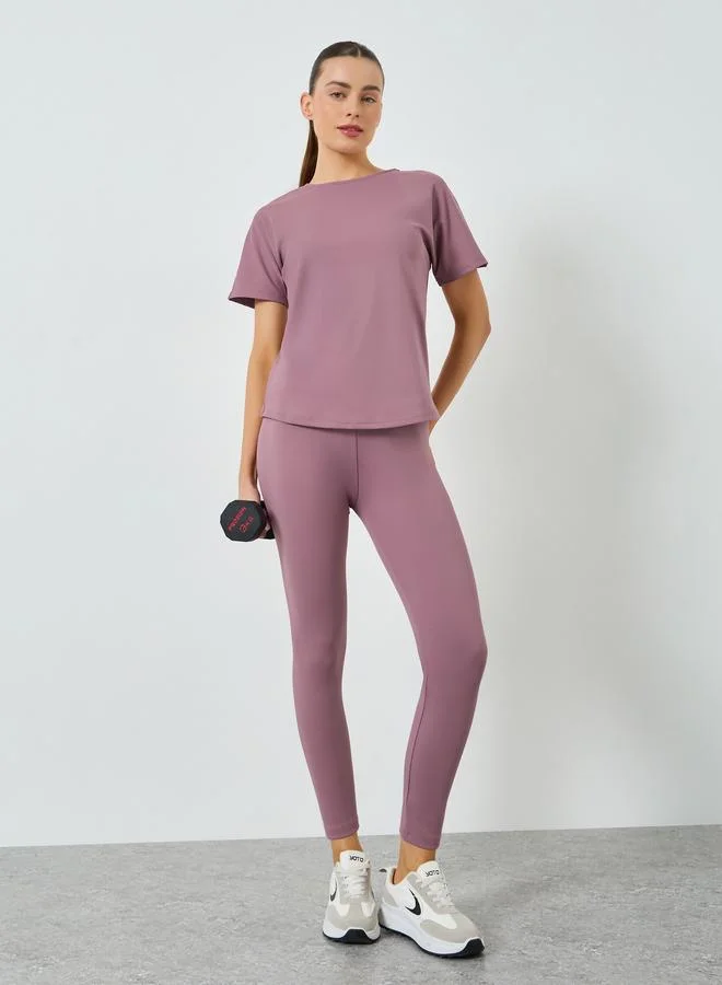 Styli Active Back Text Strap Short Sleeves Top and Cari Set