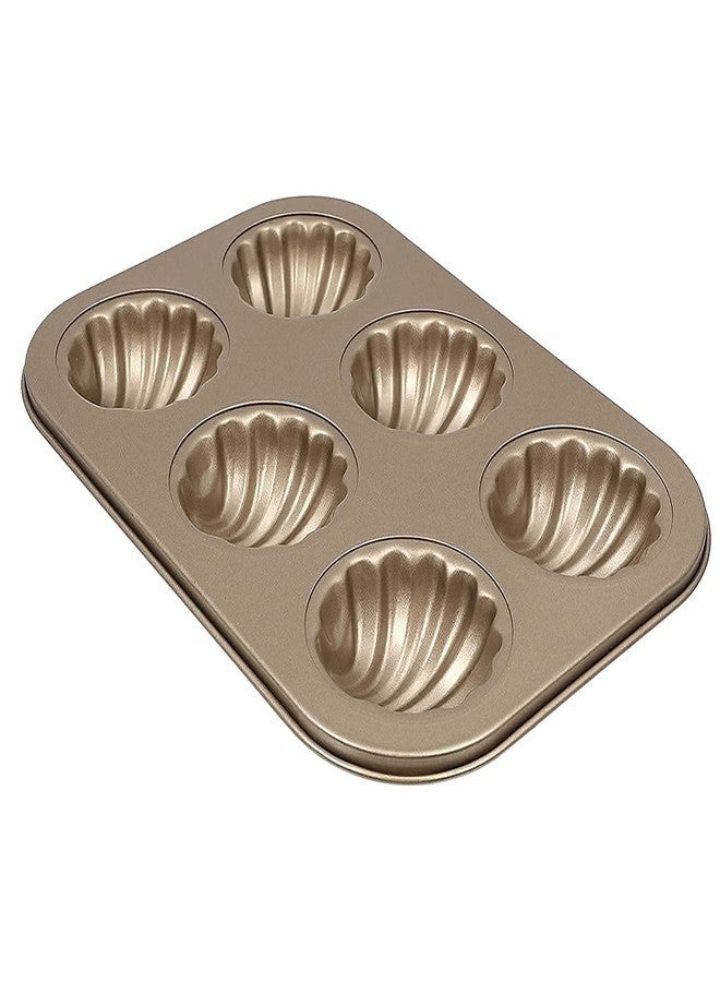 Zeinwap Stainless Steel Cake Mould Muffin 6-Cavity Madeleines Cake Baking Pans Tray Shell Shaped Mold Nonstick (1Pc,Gold) (Shell Shape Round) - Image 5