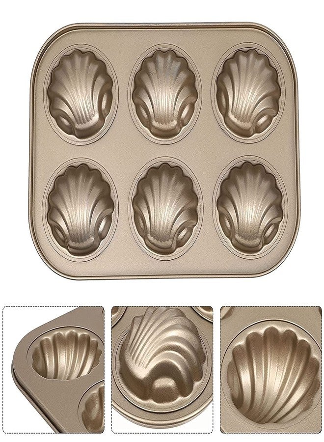 Zeinwap Stainless Steel Cake Mould Muffin 6-Cavity Madeleines Cake Baking Pans Tray Shell Shaped Mold Nonstick (1Pc,Gold) (Shell Shape Round) - Image 4
